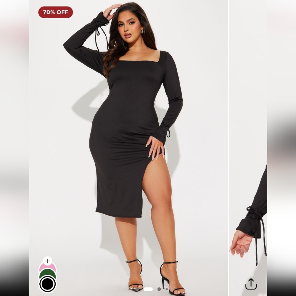 Nwt Fashion nova black square neck‎ bodycon midi dress with high slit 1x